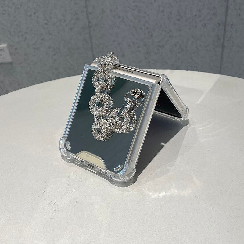 Silver Makeup Mirror Shockproof Phone Case For Samsung Galaxy Z Flip 3 5G Rhinestone Bracelet