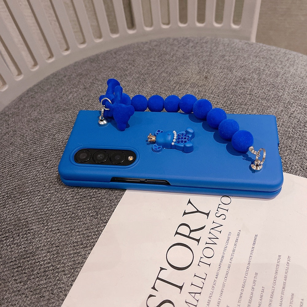 Cute 3D Crown Bear Portable Beads Bracelet Phone Case For Samsung Galaxy Z Fold 3 5G