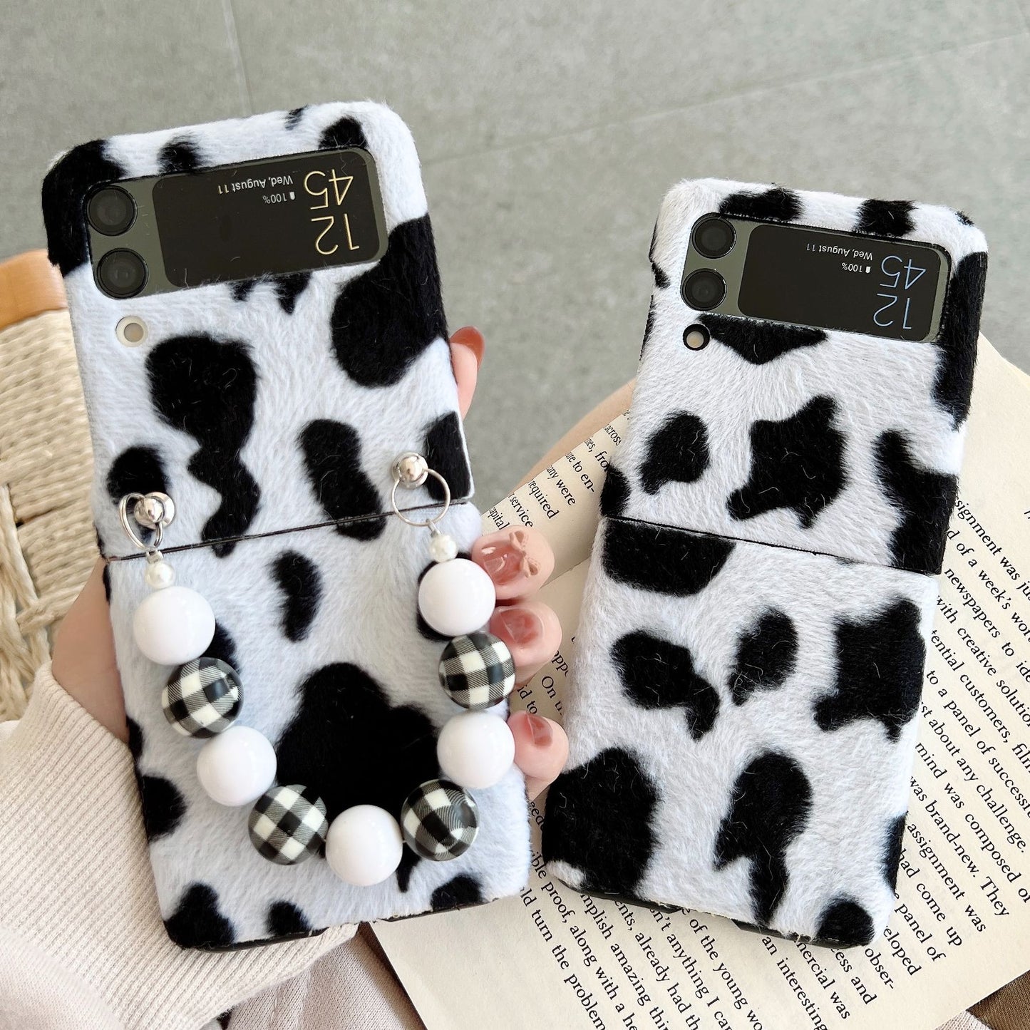 Cute Cow Pattern Chain Phone Case For Samsung Galaxy Z Flip 3 5G