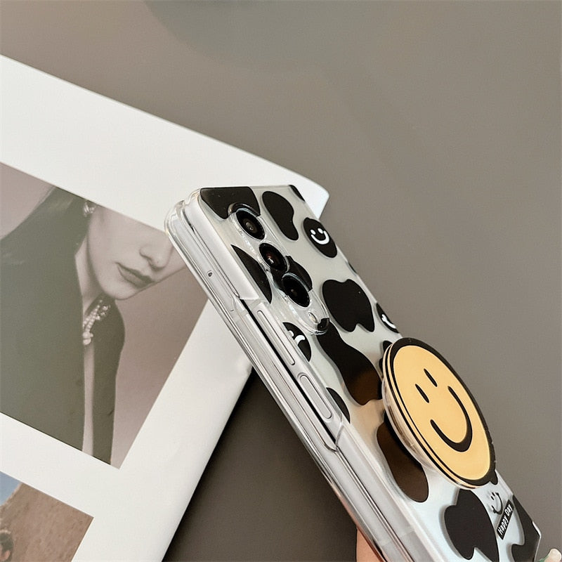 Cartoon Smiling Face Phone Stand Milk Cow Case for Samsung Galaxy Z Fold 3