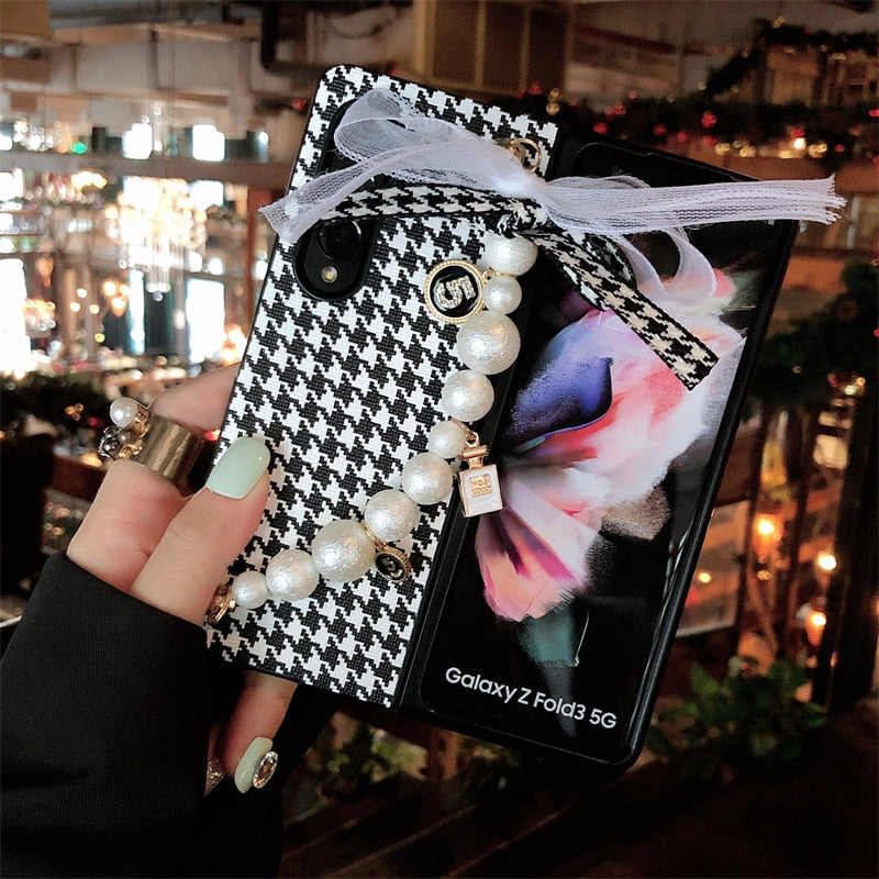 Chic and Elegant PU Leather Houndstooth Phone Case For Samsung Galaxy Z Fold 3