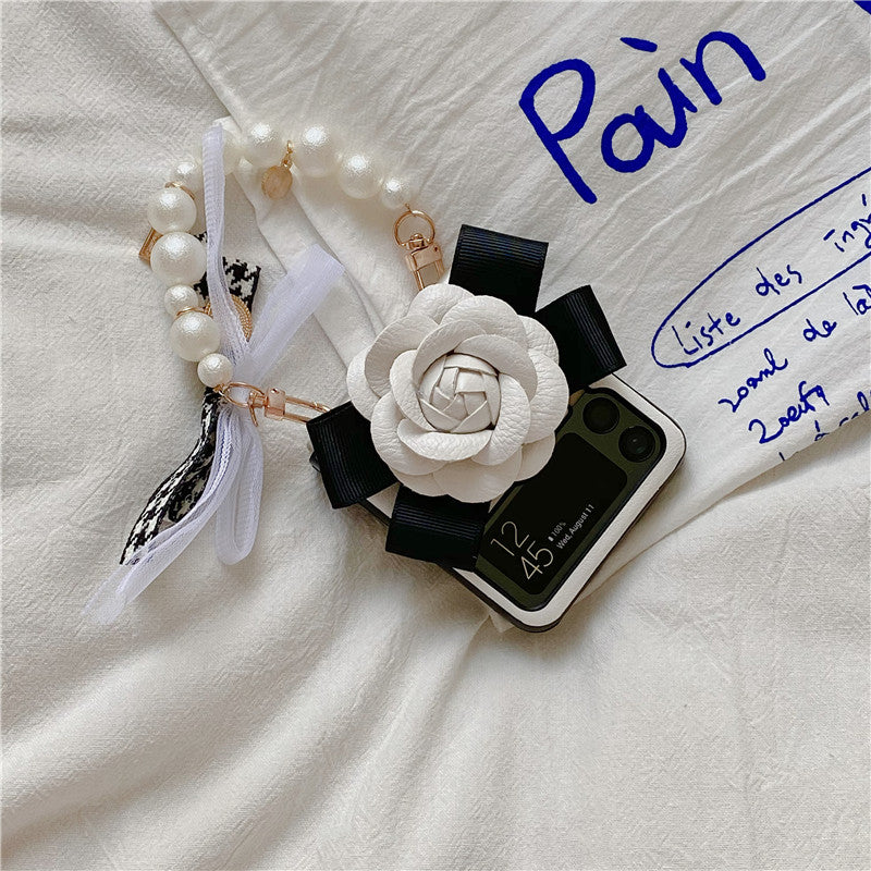Luxury Leather Camellia Elegant Pearl Bracelet Phone Case For Samsung Galaxy Z Flip 3