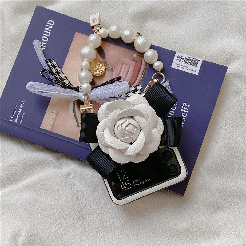 Luxury Leather Camellia Elegant Pearl Bracelet Phone Case For Samsung Galaxy Z Flip 3