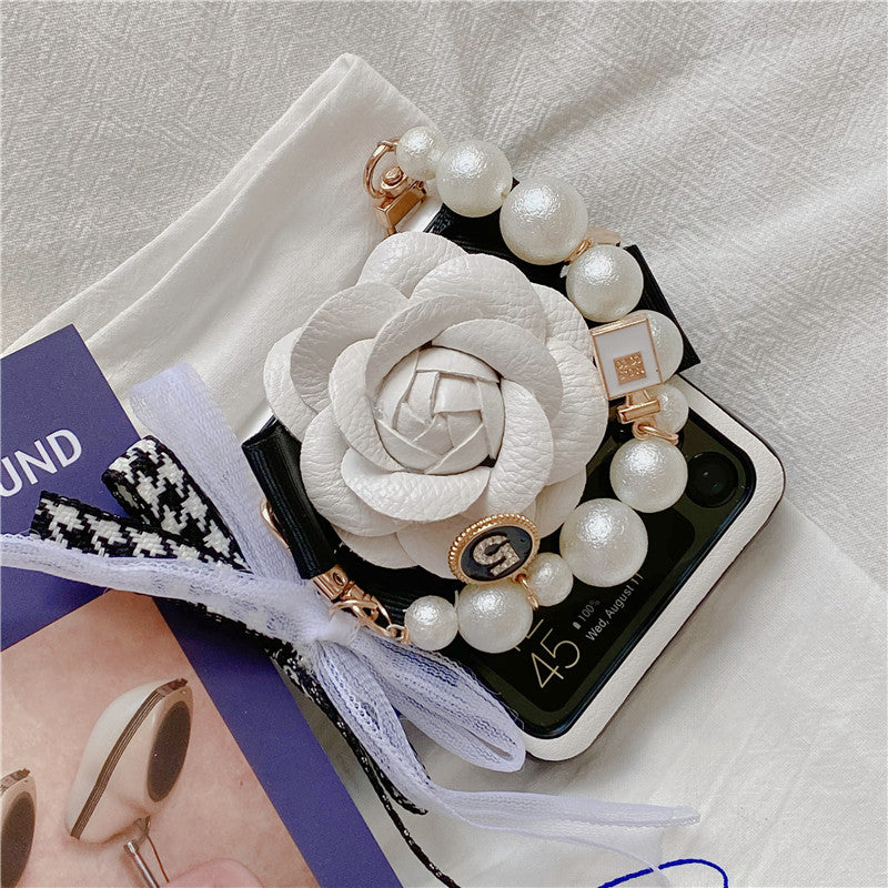 Luxury Leather Camellia Elegant Pearl Bracelet Phone Case For Samsung Galaxy Z Flip 3