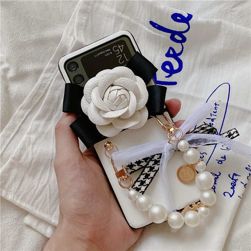 Luxury Leather Camellia Elegant Pearl Bracelet Phone Case For Samsung Galaxy Z Flip 3