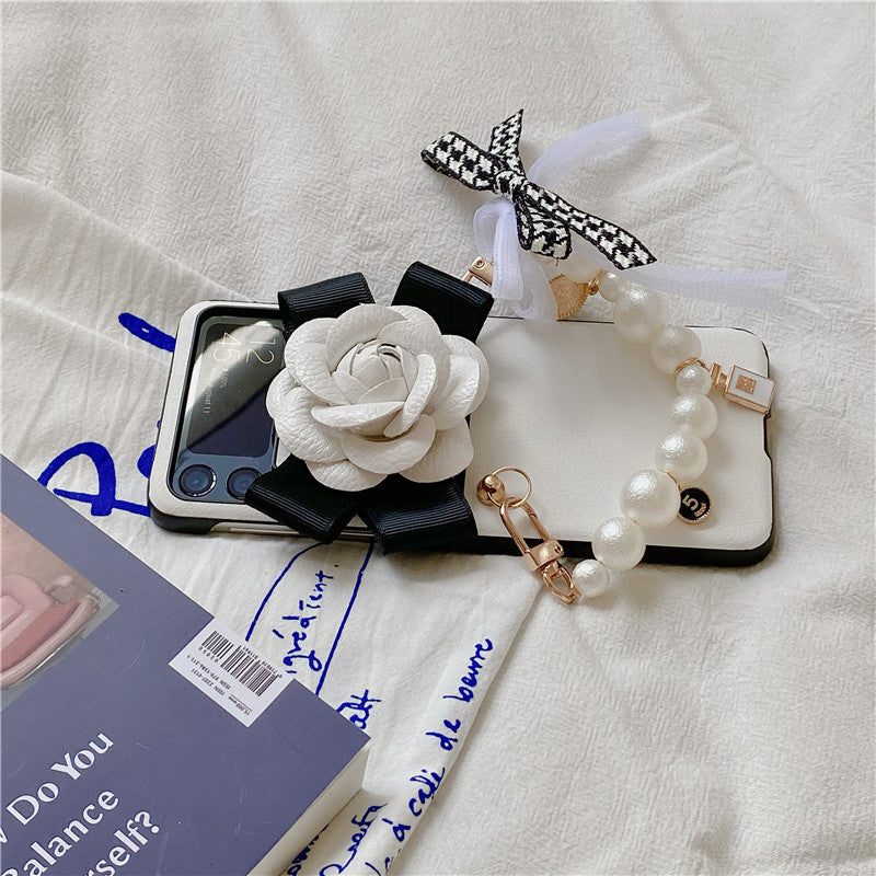 Luxury Leather Camellia Elegant Pearl Bracelet Phone Case For Samsung Galaxy Z Flip 3