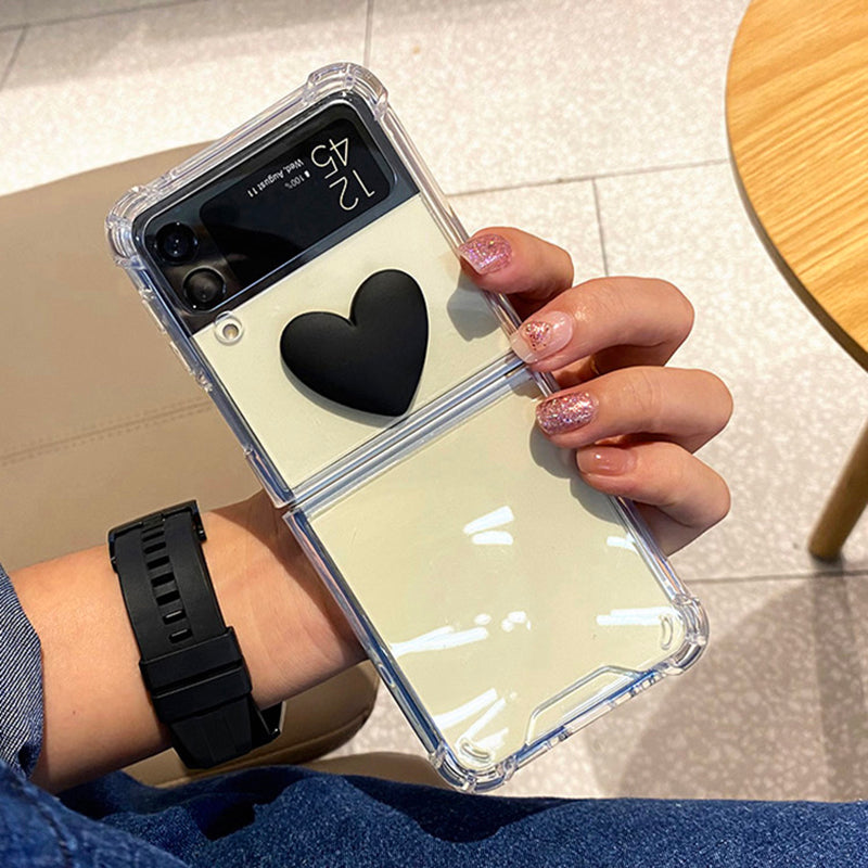 Cute 3D Black Heart Transparent PC Hard Slim Phone Case For Samsung Galaxy Z Flip 3 5G