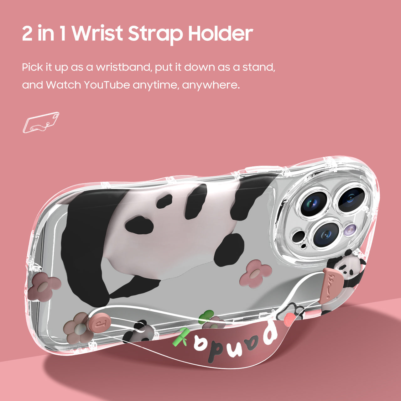 iPhone Series | “Cute Panda” Design Anti-fall Soft Silicone Transparent Wristband Phone Case