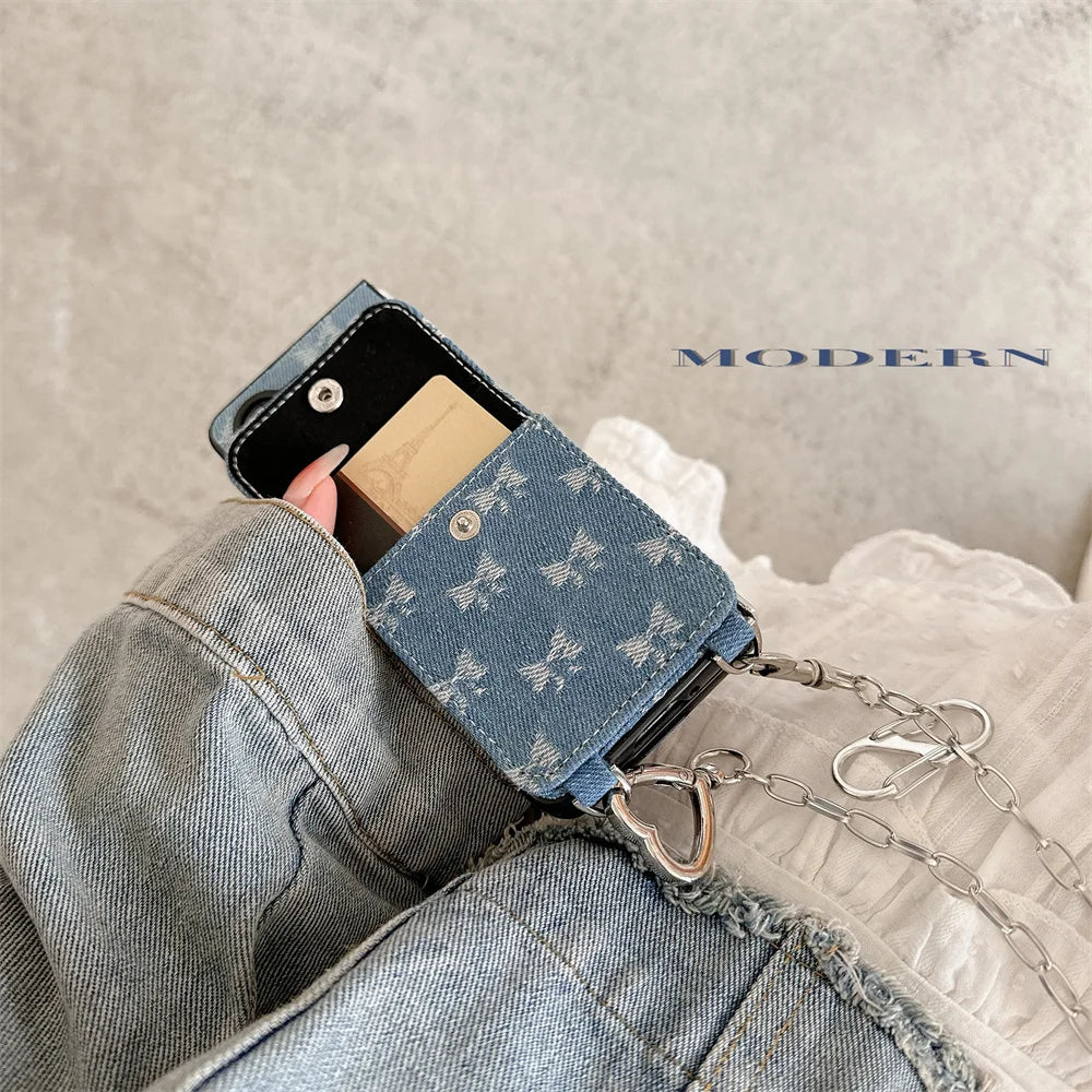 Card Solt Bag Denim Fabric Wallet Wrist Strap Case For Samsung Galaxy Z Flip Series