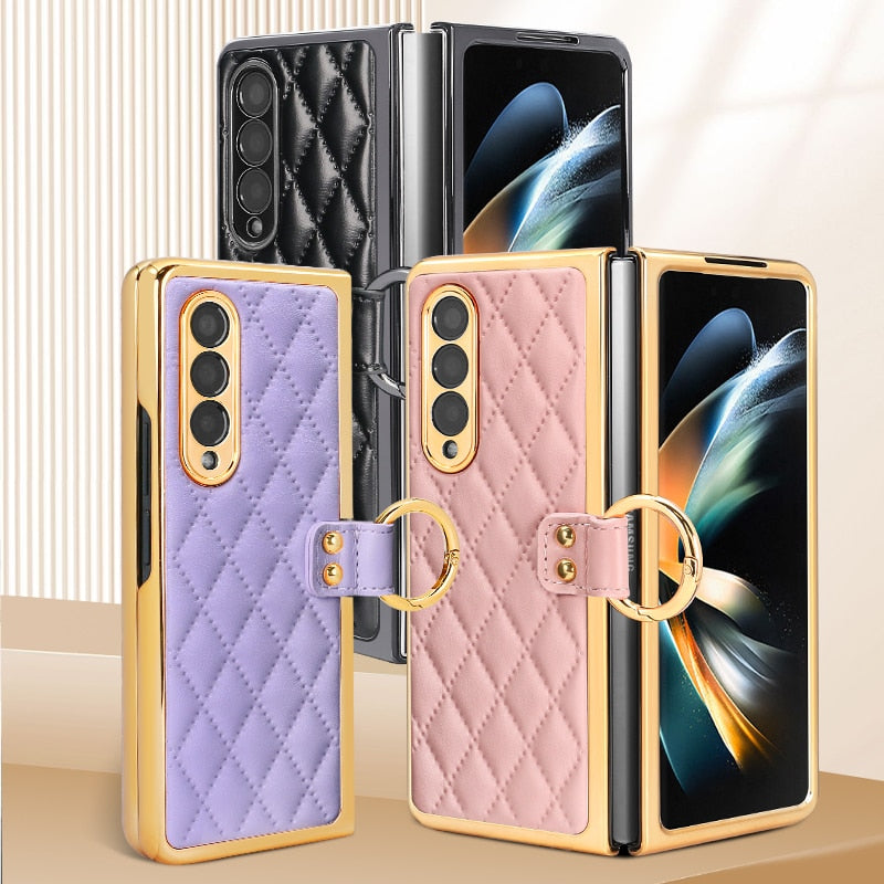 Gold Plated leather ring holder Case for Samsung Galaxy Z Fold 5