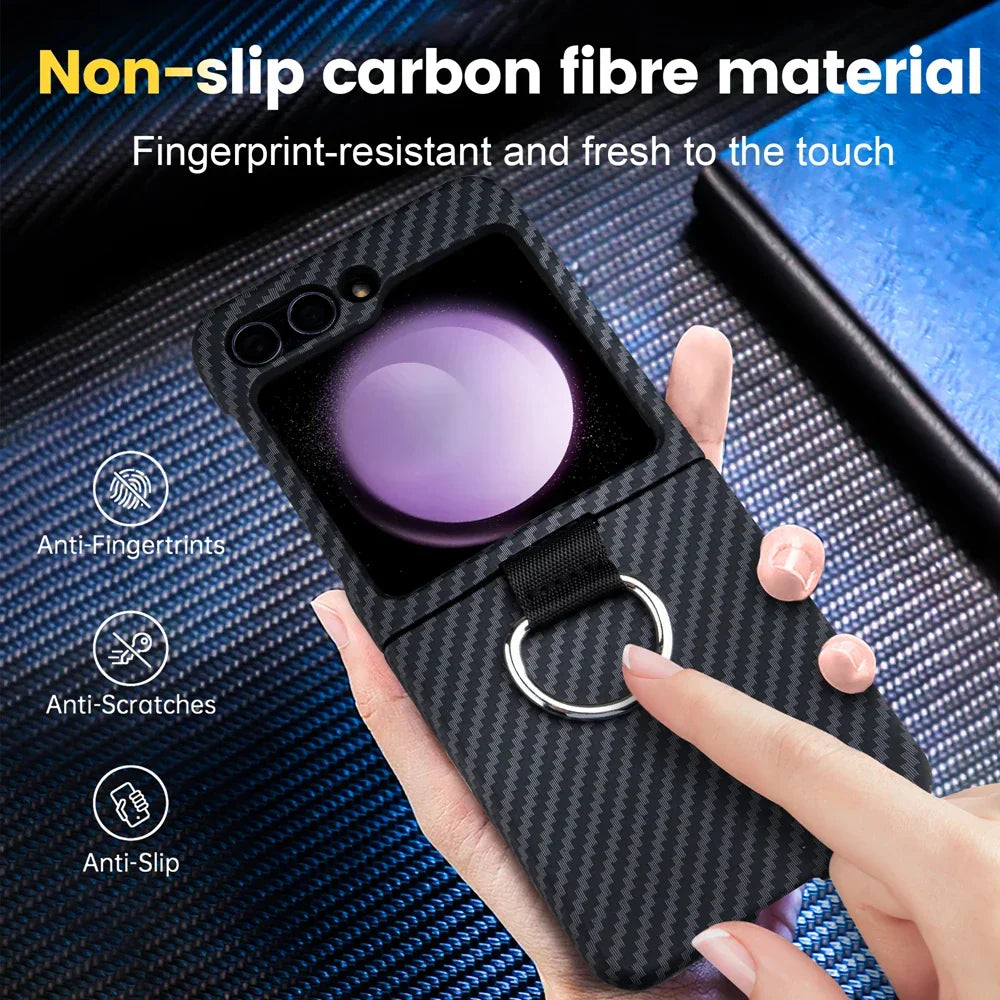 Shockproof Carbon Fiber Case with Ring Holder for Samsung Galaxy Z Flip 6