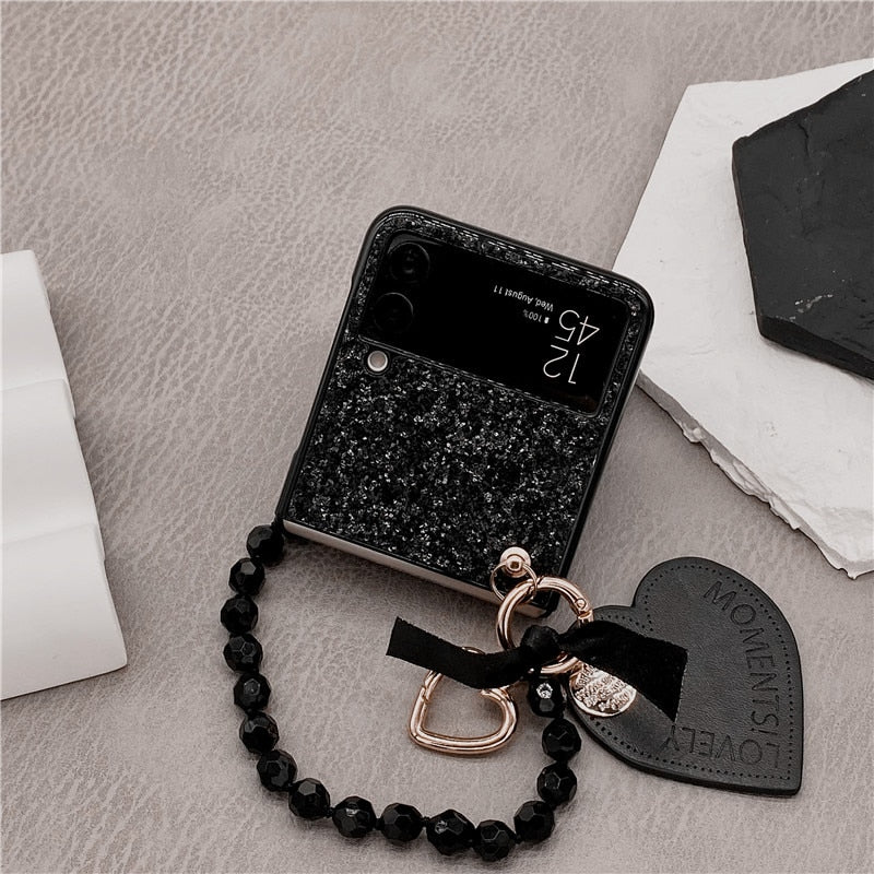 Luxury Bling Glitter Sequins Phone Case For Samsung Galaxy Z Flip 3 Portable Beads Bracelet Heart Pendant Cover For Women