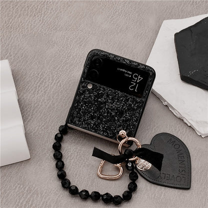 Luxury Bling Glitter Sequins Phone Case For Samsung Galaxy Z Flip 3 Portable Beads Bracelet Heart Pendant Cover For Women