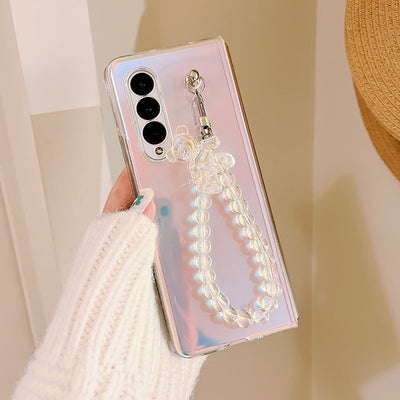 Portable Bead Chain With Cute 3D Crystal Bear Pendant Phone Case For Samsung Galaxy Z Fold 3 5G