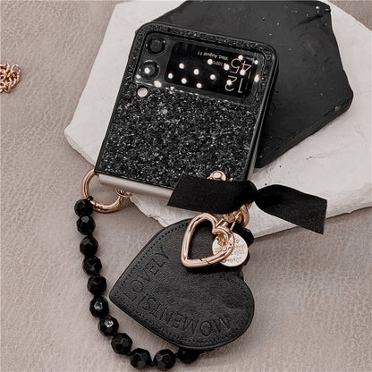 Luxury Bling Glitter Sequins Phone Case For Samsung Galaxy Z Flip 3 Portable Beads Bracelet Heart Pendant Cover For Women