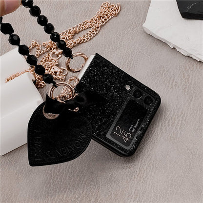 Luxury Bling Glitter Sequins Phone Case For Samsung Galaxy Z Flip 3 Portable Beads Bracelet Heart Pendant Cover For Women