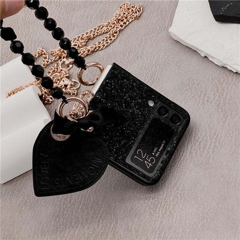 Luxury Bling Glitter Sequins Phone Case For Samsung Galaxy Z Flip 3 Portable Beads Bracelet Heart Pendant Cover For Women
