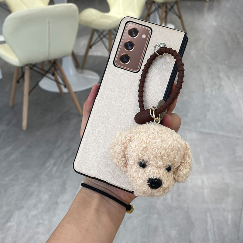 Cute Plush Teddy Dog Pendant Luxury Leather Phone Case For Samsung Galaxy Z Fold 3