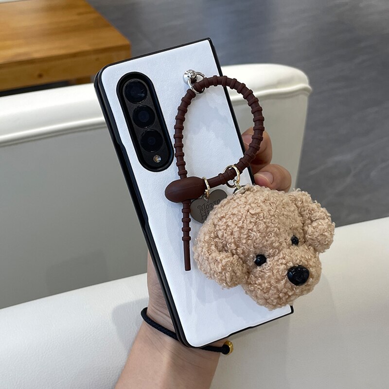 Cute Plush Teddy Dog Pendant Luxury Leather Phone Case For Samsung Galaxy Z Fold 3