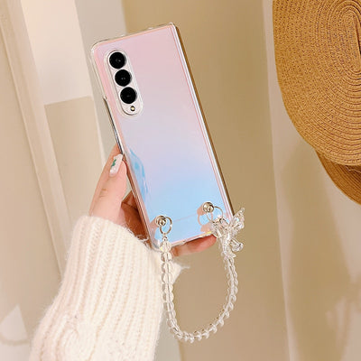 Portable Bead Chain With Cute 3D Crystal Bear Pendant Phone Case For Samsung Galaxy Z Fold 3 5G
