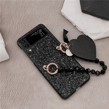 Luxury Bling Glitter Sequins Phone Case For Samsung Galaxy Z Flip 3 Portable Beads Bracelet Heart Pendant Cover For Women