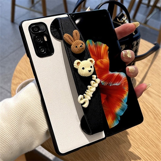 Cartoon Sweet Rabbit Bear White Leather Case With Wristband For Samsung Galaxy Z Fold 3 5G,
