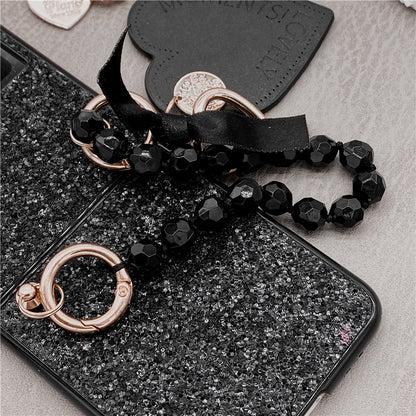 Luxury Bling Glitter Sequins Phone Case For Samsung Galaxy Z Flip 3 Portable Beads Bracelet Heart Pendant Cover For Women