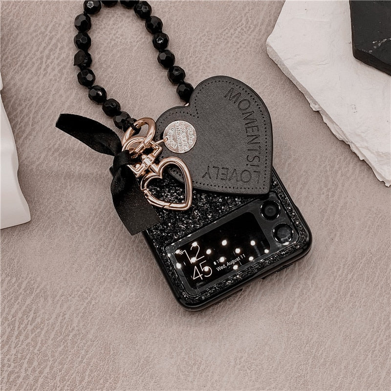 Luxury Bling Glitter Sequins Phone Case For Samsung Galaxy Z Flip 3 Portable Beads Bracelet Heart Pendant Cover For Women
