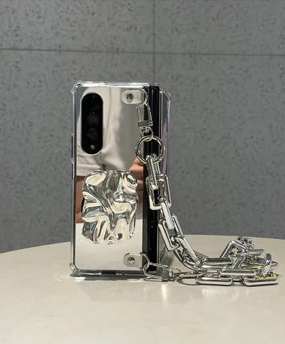 Luxury Mirror Shockproof Case With Silver Wrinkle Holder And Bracelet Chain For Samsung Galaxy Z Fold 3 5G