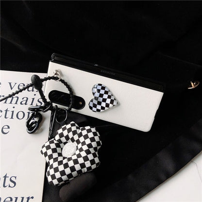 Retro Checkerboard Pattern Crystal Clear Heart PU Leather Phone Case For Samsung Galaxy Z Fold 3