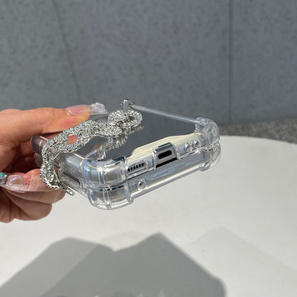 Silver Makeup Mirror Shockproof Phone Case For Samsung Galaxy Z Flip 3 5G Rhinestone Bracelet