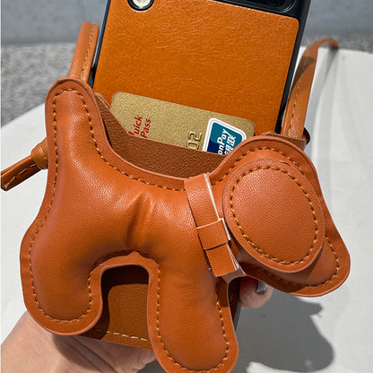 Cute 3D Dog Card Holder PU Leather Phone Case For Samsung Galaxy Z Flip 3 5G Cover with Crossbody Rope