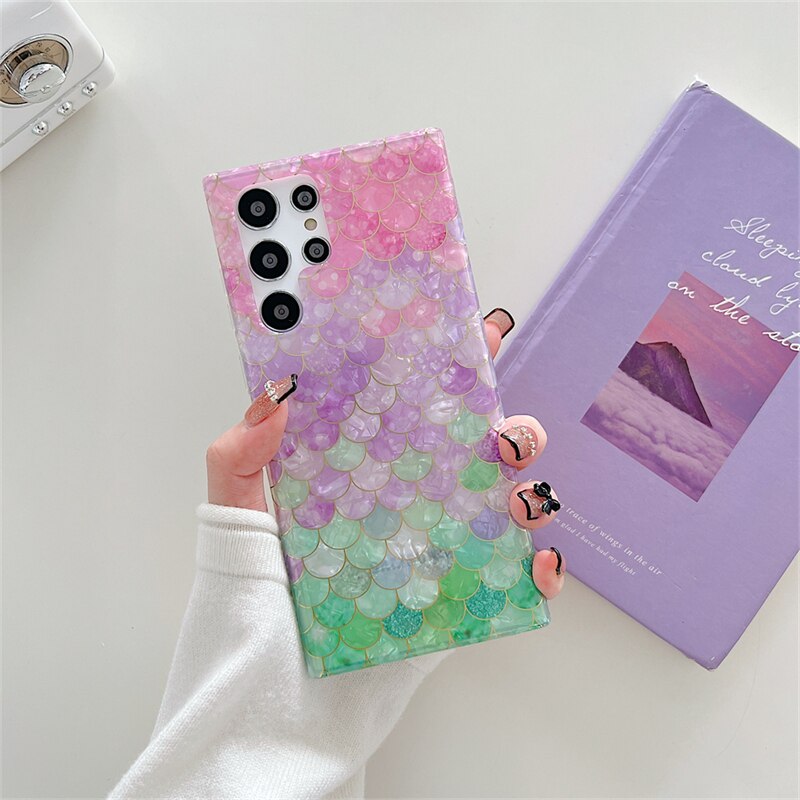 Square Colorful Fish Scales Pattern Electroplated Phone Case For Samsung S22 Series