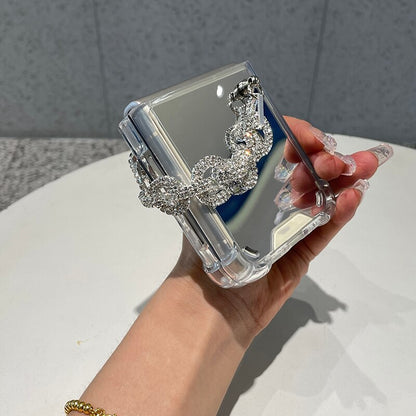 Silver Makeup Mirror Shockproof Phone Case For Samsung Galaxy Z Flip 3 5G Rhinestone Bracelet
