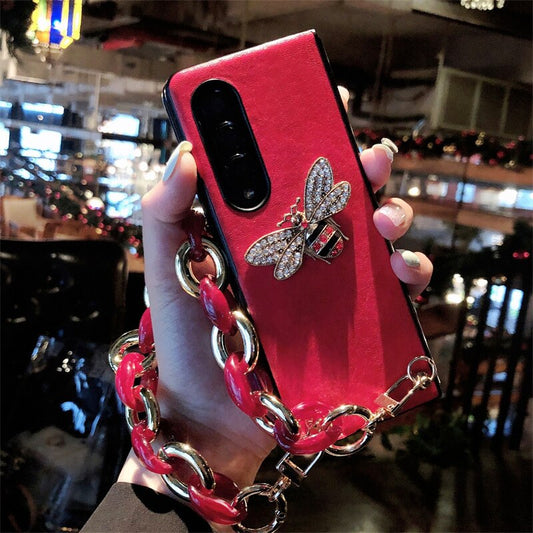 Woman Luxury Rhinestone Honeybee PU Leather Phone Case For Samsung Galaxy Z Fold 3 5G
