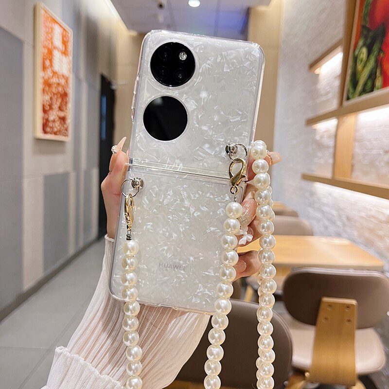Fashion Pearl Long Chain Case With Lanyard Necklace Strap Conch Cameo Shell Pattern Case For Huawei P50 Pocket