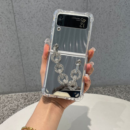 Silver Makeup Mirror Shockproof Phone Case For Samsung Galaxy Z Flip 3 5G Rhinestone Bracelet