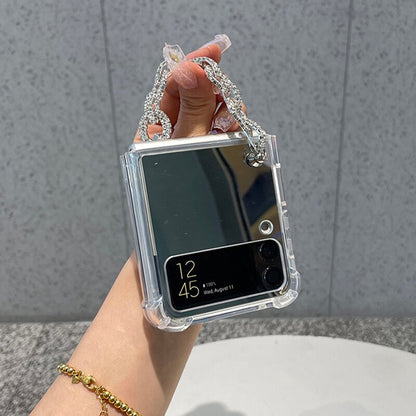 Silver Makeup Mirror Shockproof Phone Case For Samsung Galaxy Z Flip 3 5G Rhinestone Bracelet