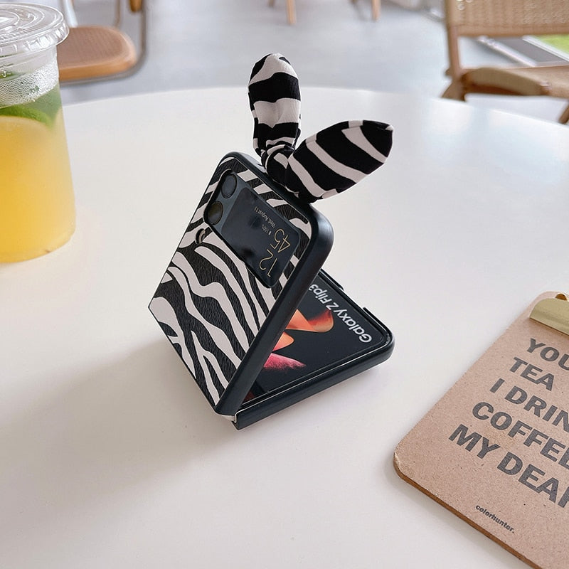 Cute 3D Bling Rhinestone Zebra Phone Case For Samsung Galaxy Z Flip 3 5G Back Cover with Bow Ear