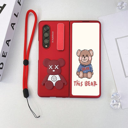 Cute Bear Metal Folding Holder Strap Phone case For Samsung Galaxy Z Fold 3