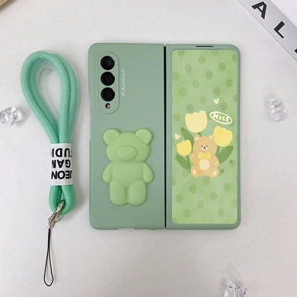 Cute Bear Metal Folding Holder Strap Phone case For Samsung Galaxy Z Fold 3
