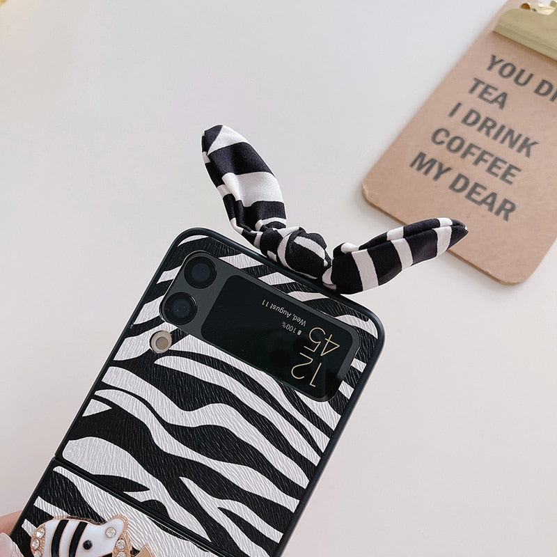 Cute 3D Bling Rhinestone Zebra Phone Case For Samsung Galaxy Z Flip 3 5G Back Cover with Bow Ear