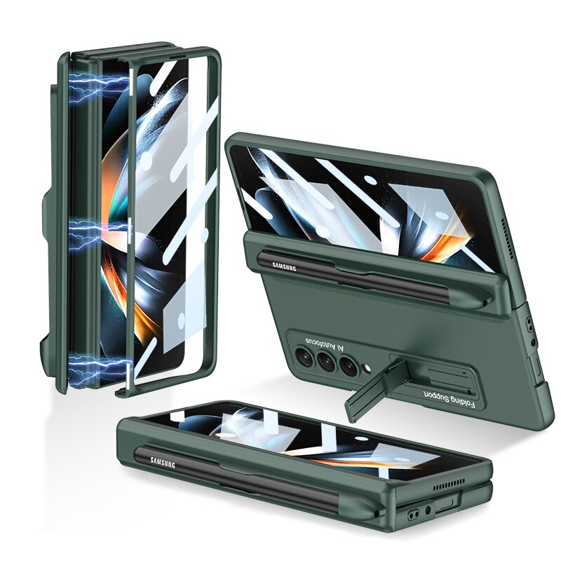 Pen Slot Case for Samsung Galaxy Z Fold 4 with Kickstand and Screen Protective Glass.