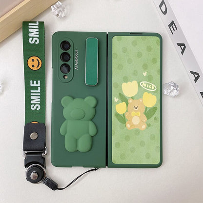 Cute Bear Metal Folding Holder Strap Phone case For Samsung Galaxy Z Fold 3