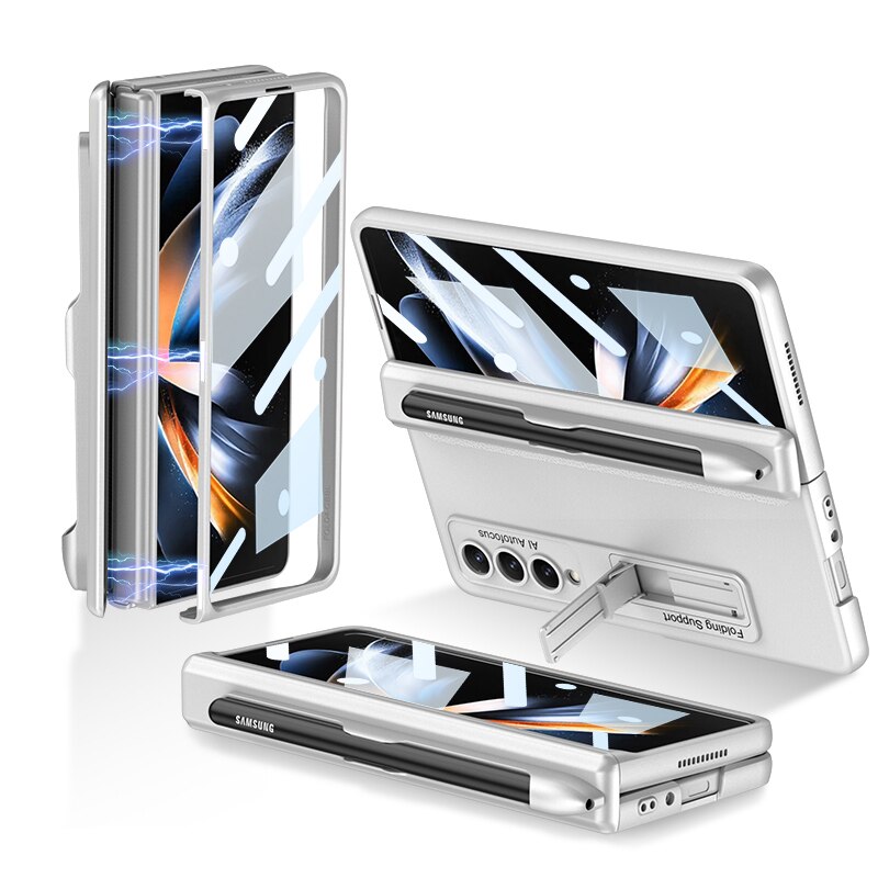 Pen Slot Case for Samsung Galaxy Z Fold 4 with Kickstand and Screen Protective Glass.