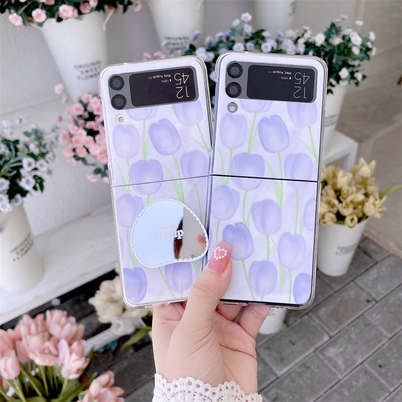 Cute Flowers Case With Mirror Holder Shell For Samsung Z Flip3