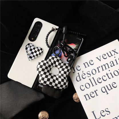 Retro Checkerboard Pattern Crystal Clear Heart PU Leather Phone Case For Samsung Galaxy Z Fold 3
