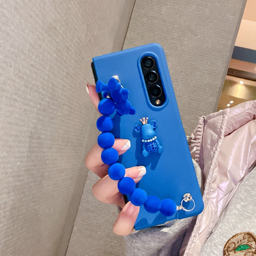 Cute 3D Crown Bear Portable Beads Bracelet Phone Case For Samsung Galaxy Z Fold 3 5G