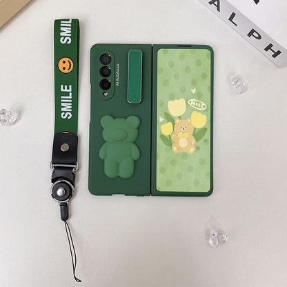 Cute Bear Metal Folding Holder Strap Phone case For Samsung Galaxy Z Fold 3