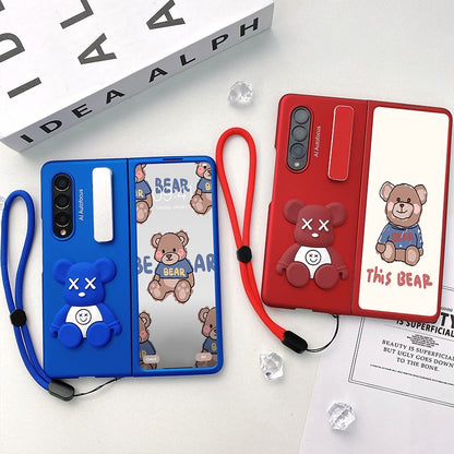 Cute Bear Metal Folding Holder Strap Phone case For Samsung Galaxy Z Fold 3